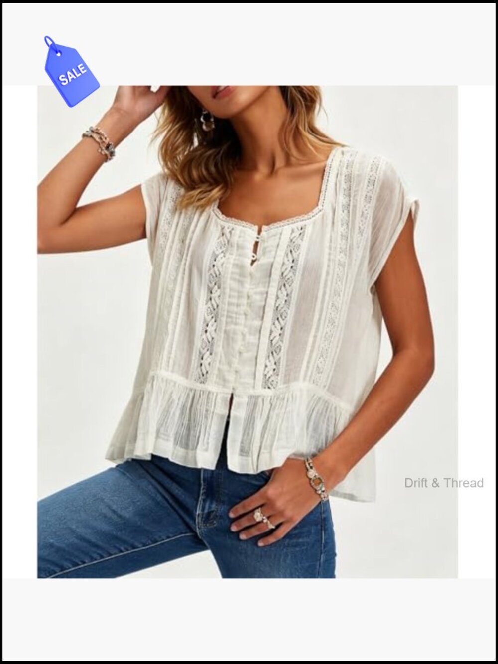 Semi Sheer Button Down Blouse Square Neck Lace Ruffle Cap Sleeve Crop Top - Picture 5 of 6